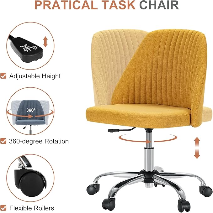 DUMOS Office Chair, Comfy Desk Chair Rolling Vanity Swivel Task Chairs with Wheels, Wide Seating Armless Height Adjustable Computer Chairs for Home,Bedroom,Student,Adults, Dark Yellow
