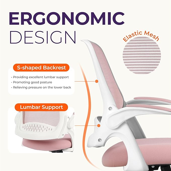 NEO Chair Office Desk Computer Gaming Ergonomic Chair with Lumbar Back Support Adjustable Height Swivel Wheels Flip-up Arms Mesh Chair for Home or Office (Pink)