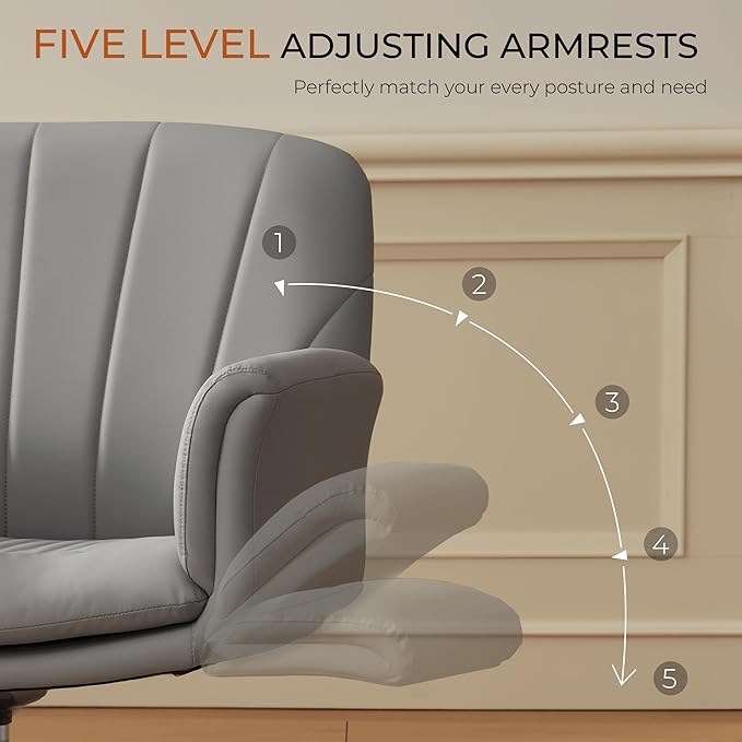Dowinx Criss Cross Chair with Five-Level Adjustable Arms and Wheels - Comfortable Ergonomic PU Leather Swivel Vanity Chair - Computer Makeup Gaming Chair for Home Office, Bedroom, Vanity Room (Grey)
