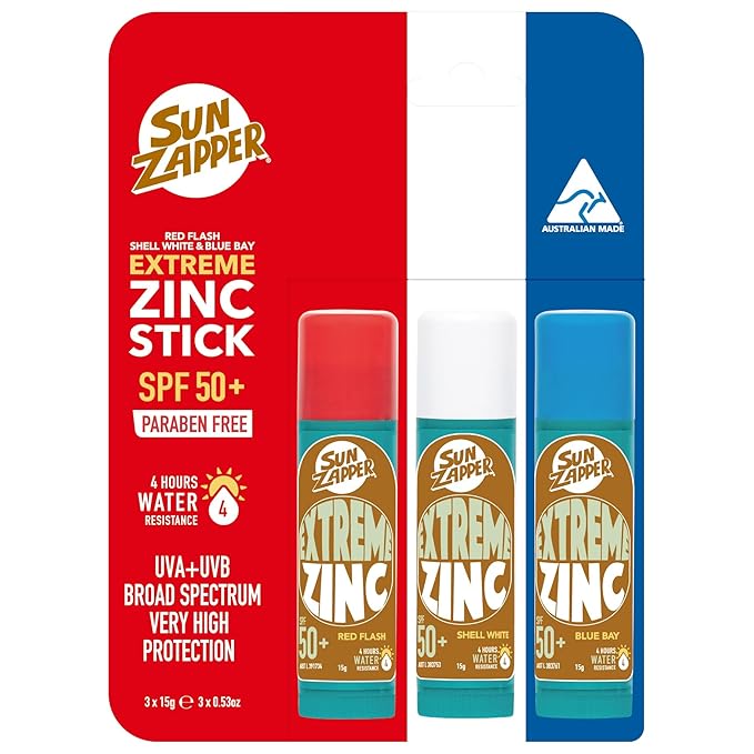 Sun Zapper Extreme Zinc Sunscreen Stick 3-Pack SPF 50+ Red White Blue – Colored Water Resistant Mineral Sunscreen Sticks for Face, Surf Sunblock, 15g (0.53 oz) Each, Australian Made
