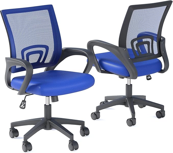 Home Office Chairs, Ergonomic Mid-Back Mesh Desk Chairs with Lumbar Support, Adjustable Swivel Rolling Design, Comfy Armrest for Work, Study, Gaming, Vanity, Navy Blue, 2 Pack