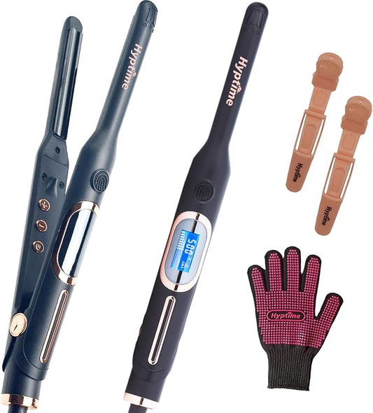 0.4 Inch Titanium Pencil Flat Iron, Small Curling Iron for Short Hair & Pixie Cut, LCD Temp Control 150-500°F, Dual Voltage Fast Heating Styling Tool for Men & Women