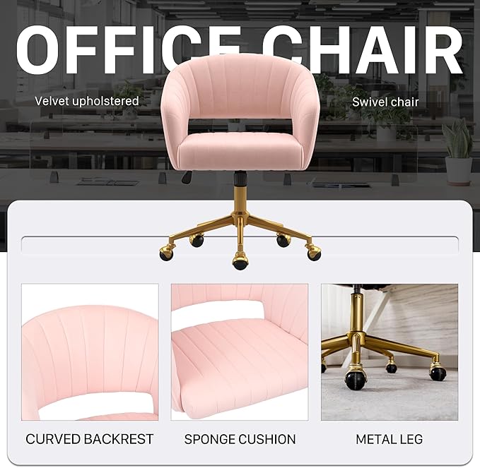 Home Office Chair Swivel Velvet Desk Chair Accent Armchair Upholstered Modern Tufted Chairs with Gold Base for Girls Women Ergonomic Study Seat Computer Task Stools for Living Room(Pink)