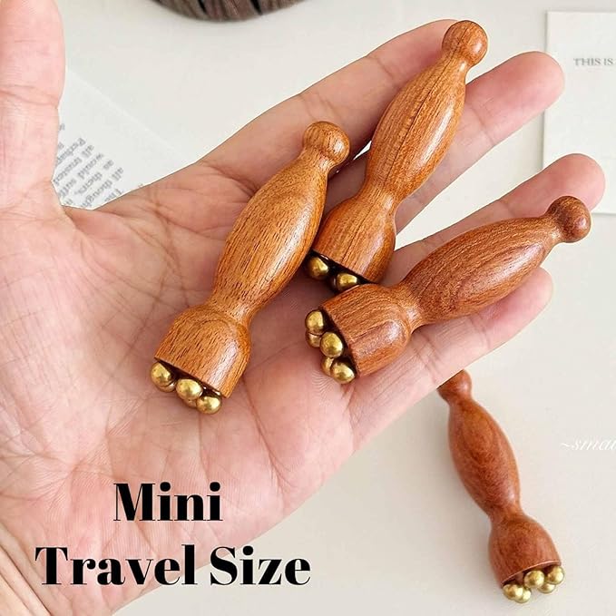 Mini Ice Roller, Sandalwood Facial Massage Tool, 5 Copper Beads for Face and Eyes, Travel Size