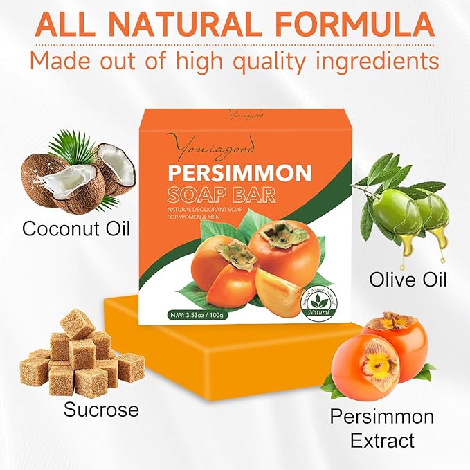 3 PCS Persimmon Soap Bar for Body Odor Control, Natural Deodorant Body Bar Soap for Old People Smell, Remove Strong Smell, Organic Eliminating Odor Wash Soap for Women & Men