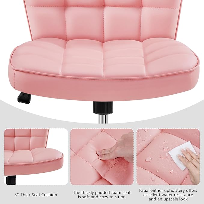 Yaheetech ModernTufted Armless Desk Office Chair Faux Leather Upholstered Computer Chair with Adjustable Seat Height and Rolling Wheels for Home/Office, Pink