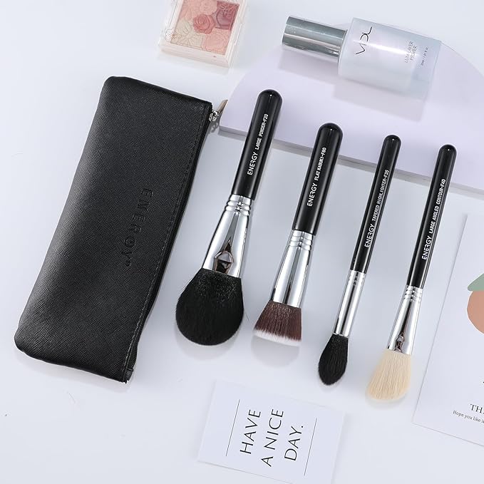 ENERGY Makeup Brush Set 4PCS Premium Synthetic Powder Foundation Blush Contour Bronzer Highlighter Makeup Brushes with Black PU Bag Professional Vegan Face Brushes