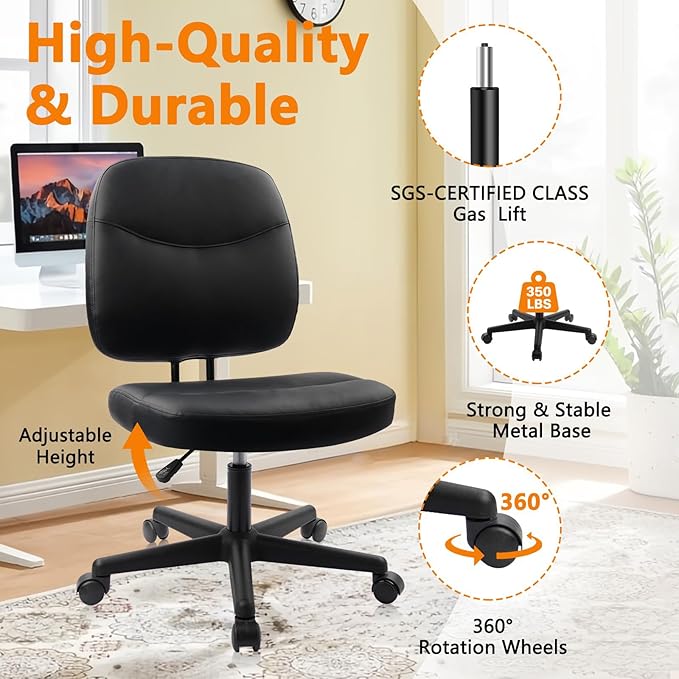 CLATINA Armless Home Office Chair,Small PU Leather Ergonomic Low Back Desk Chair with Lumbar Support and Wheels, Adjustable Height 360° Swivel Rolling Computer Task Chair, Black