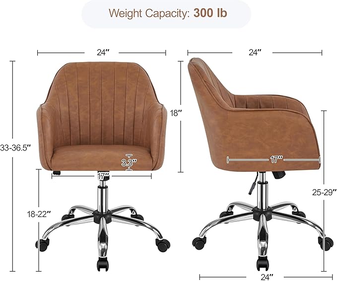Yaheetech Modern Faux Leather Desk Chair Makeup Chair Height Adjustable Swivel Office Task Computer Armchair for Living Room Retro Brown