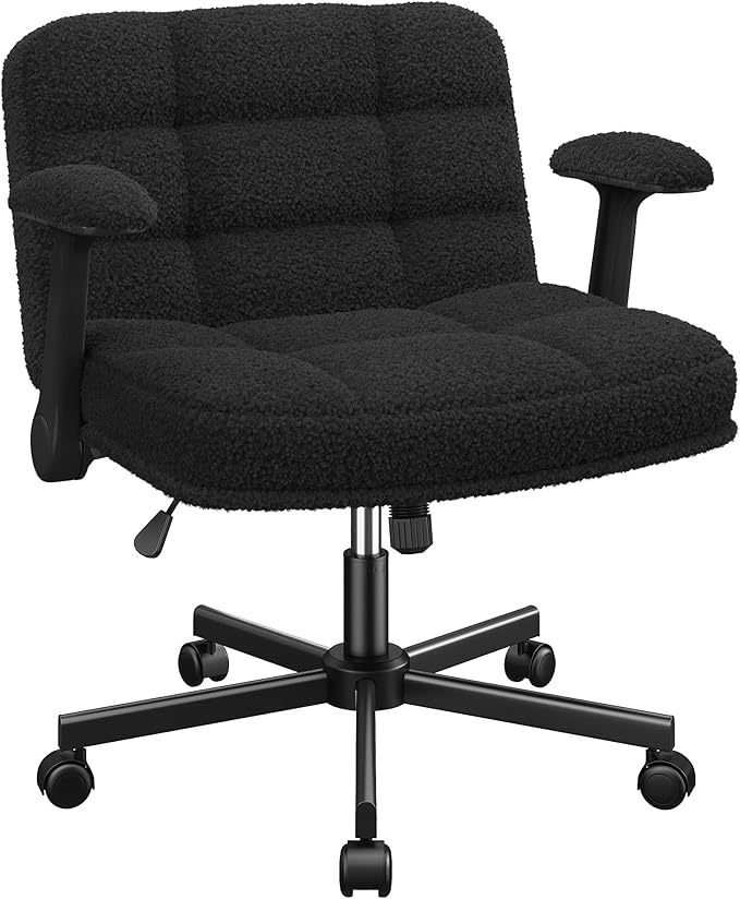 Criss Cross Chair with Wheels, Cross Legged Office Chair with Flip-up Armrests, Wide Desk Chair for Bedroom, Home Office, Apartment, Plush Fabric, Black