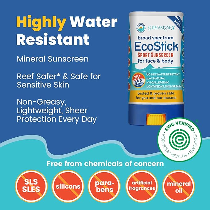 STREAM2SEA EcoStick SPF 35 Mineral Sunscreen Stick, Sweat Water Resistant Sunblock, USDA Approved Biodegradable Paraben Free Reef Safe Sunscreen Protection Against UVA UVB (EcoStick Sport) - 0.5 oz