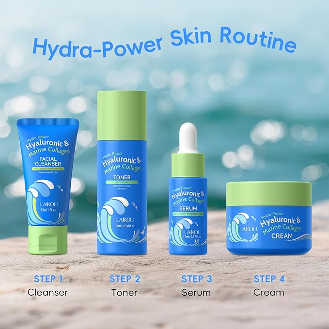 LAIKOU Hydra Power Skin Care Set - Hyaluronic & Marine Collagen Skin Care - Skin Care Kit with Facial Cleanser, Serum, Toner, Cream, Eye Cream - Non-Greasy, Fragrance Free - Beauty Gift