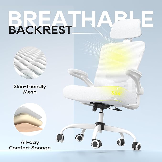 Ergonomic Office Chair, High Back Mesh Desk Chair with Adjustable Lumbar Support & Headrest, Flip-up Armrest, Computer Task Chairs for Home and Executive Office (W-White)