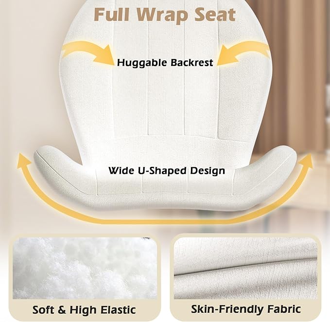 Criss Cross Chair with Wheels, Wide Cross Legged Office Chair Armless Comfy Desk Chair with Tall Back Vanity Chairs with Stress Relief Curved Design Seat for Bedroom & Office & Home Ivory White