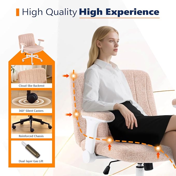 VINGLI Criss Cross Chair with Adjustable Flip-Up Arms,Cross Legged Chair with Wheels, Extra Wide Office Chair,Cozy Desk Chair for Home Office, Vanity, Apartment,Chenille Velvet,Orange