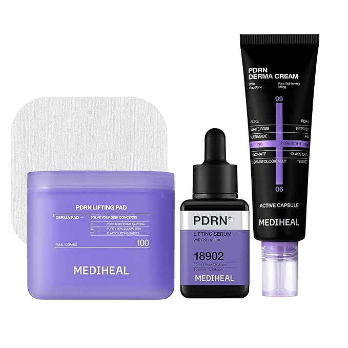 Mediheal PDRN Glass Skin Lifting Bundle – Stretchable Toner Pads (100ct) + PDRN Lifting Serum + Derma Cream | Pore Care, Firming & Deep Hydration