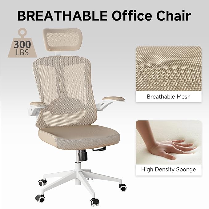 Ergonomic Office Chair with Adjustable Lumbar Support & Flip-Up Armrests - High Back Computer Desk Chair with Thickened Seat Cushion, Rolling Wheels for Home/Office Study Work (07khaki)