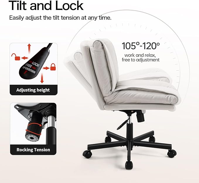 LEAGOO Criss Cross Chair with Wheels, Comfy Armless Desk Chairs with Tech Fabric, Wide Seat Cross Legged Office Chair, Height Adjustable Swivel Computer Task Chairs for Home Office, Bedroom, Make up