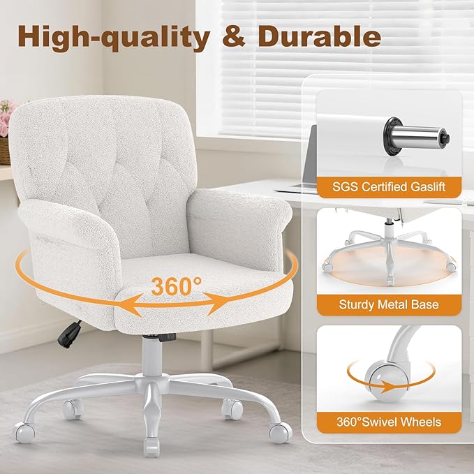 Comfy Home Office Desk Chair, Upholstered Fuzzy Vanity Chair with Wheels and Arms, Modern Adjustable Swivel Computer Seat for Make Up, Home Office, Living Room, Bedroom, Teddy Fleece, White