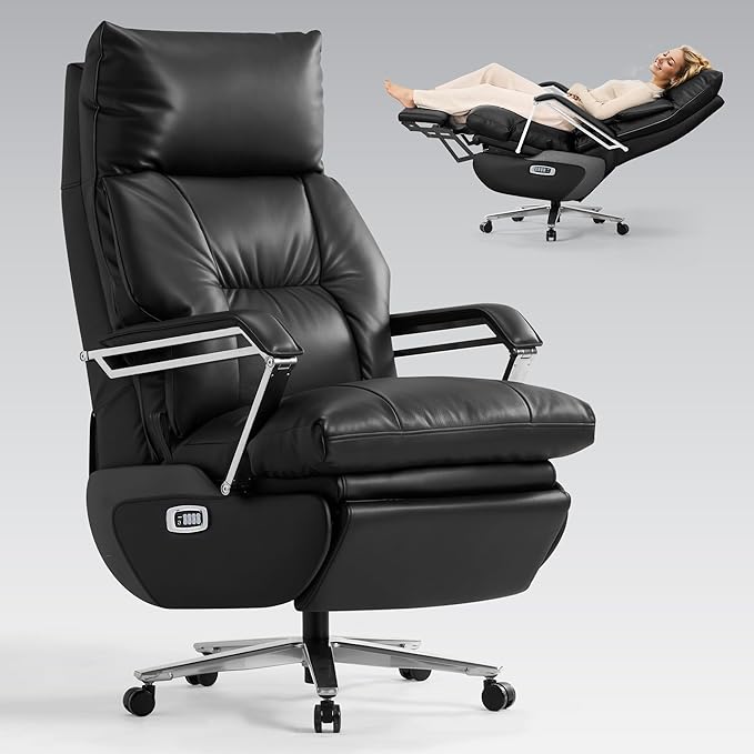 M80A Dual Motor Electric Executive Office Chair with Footrest, Comfortable Reclining Office Chair Wide Seat, Big and Tall Ergonomic Leather Home Office Desk Chair (Black,Multi-Functionality)