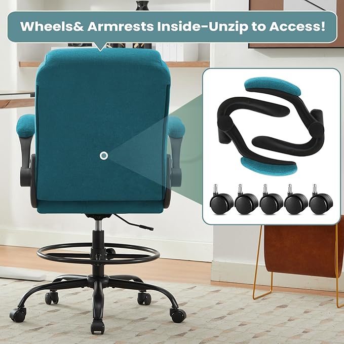 Drafting Chair for Standing Desk – Tall Office Chair with Adjustable Height & Foot Ring, Flip-Up Arms, Lumbar Support – Comfortable Fabric Seat, Ideal Home Desk Chair