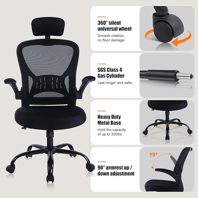 ralex-chair Ergonomic Office Chair with Adjustable Headrest & Lumbar Support, Computer Desk Chair with Flip-Up Armrests, Comfortable for Home, Office, Conference Room