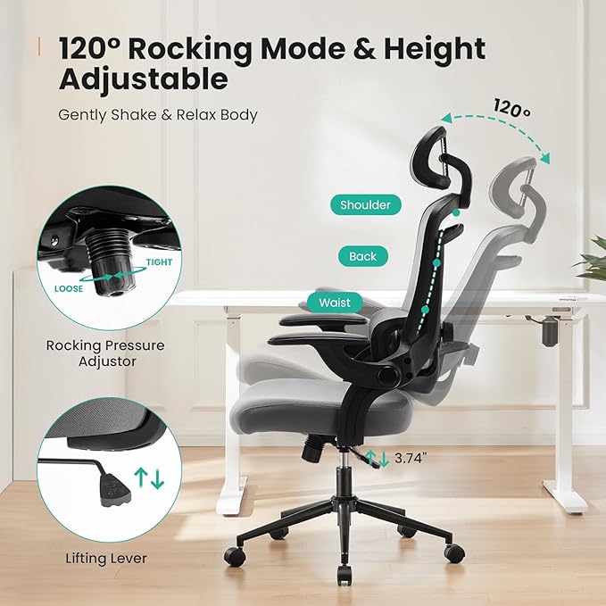 Sweetcrispy Ergonomic Desk Chair Office Chair, 300 LBS Home Mesh Office Desk Chairs with Wheels, 2D Headrest, Up&Down Lumbar Support, Swivel High Back Computer Chair with Flip-up Armrests,Dark Grey