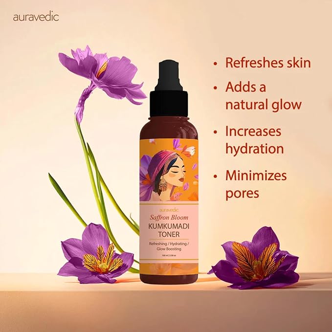 Auravedic Kumkumadi Facial Toner & Face Mist | Alcohol-Free Hydrating Toner Spray with Saffron, Sandalwood & Manjistha | Helps Minimize Pores & Balance Skin | 3.38 Fl Oz (100ml)