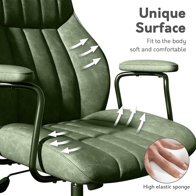 Green Leather Office Desk Chair with Wheels and Arms, Height Adjustable, Vintage, Mid Century Modern Style