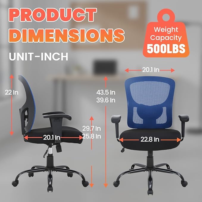 BestOffice Big and Tall Office Chair Mesh Computer Chair with Lumbar Support Wide Seat Adjust Arms Rolling Swivel High Back Task Executive Ergonomic Chair for Home Office, Blue