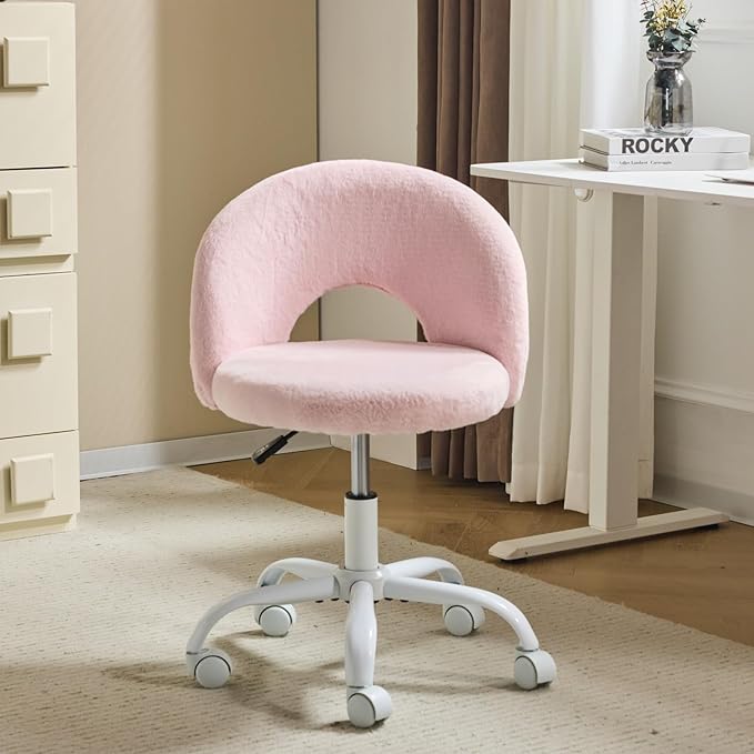 VINGLI Small Vanity Chair with Faux Fur Wheels for Girls,Cute Adjustable Height Armless Office Desk Chair,360°Swivel Comfy Rolling for Study,Make up Room,Small Space,Light Pink