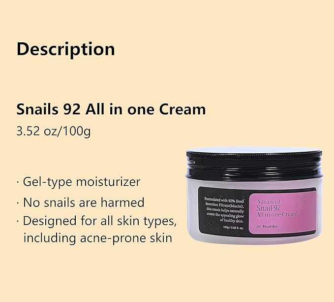 NuVibe ADVANCED Snail Mucin 92% Repair Moisturizer – 3.52 Oz (100g) Hydrating & Lightweight Korean Face Cream for Soft, Glowing Skin – Soothing Moisturizer for Dry, Sensitive & All Skin Types.