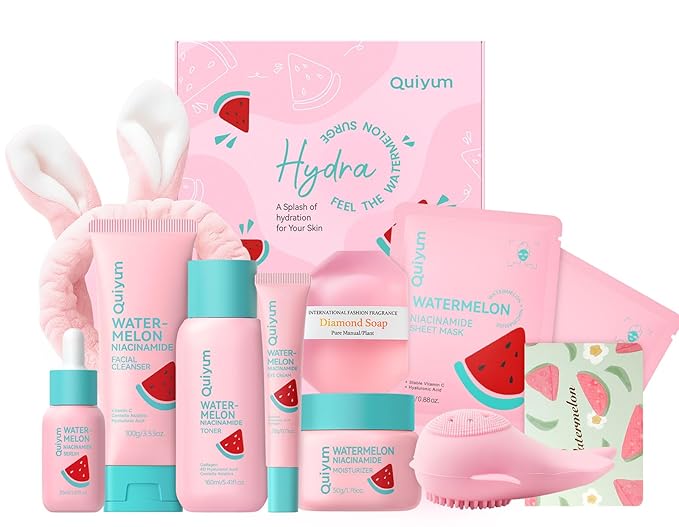 Watermelon Skin Care Kit for Teens Girl, 8 Daily Routine Beauty Skincare- Gift Set with Cleanser, Toner, Eye Cream, Moisturizer, Serum, Facial Mask, Soap, Hydrate, Oil control, Glow, Smooth