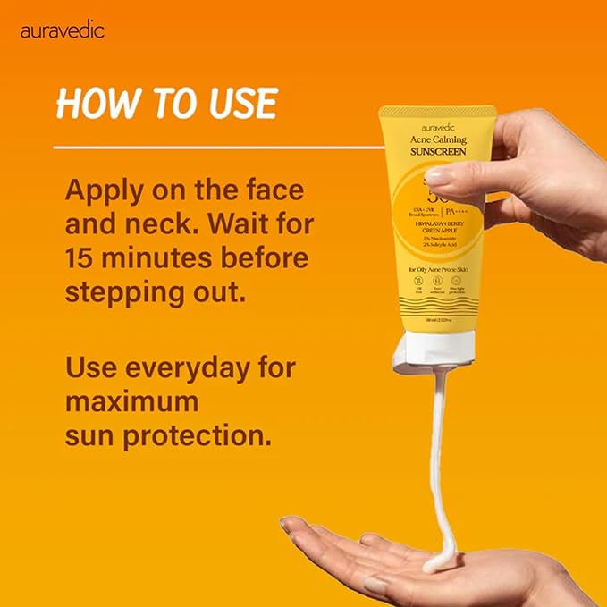 Auravedic Acne Calming Sunscreen SPF 50 PA++++ | Oil-Free Broad Spectrum UVA/UVB Face Sunscreen with 5% Niacinamide & 2% Salicylic Acid | For Oily & Acne-Prone Skin | 2.12 Oz (60g)