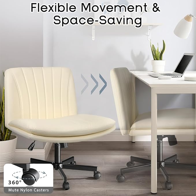 PUKAMI Criss Cross Chair,Comfy Cross Legged Office Desk Chair No Wheels,Modern Fabric Swivel Adjustable Height Mid Back Wide Seat for Home Office Computer (Pu Beige with Wheels)