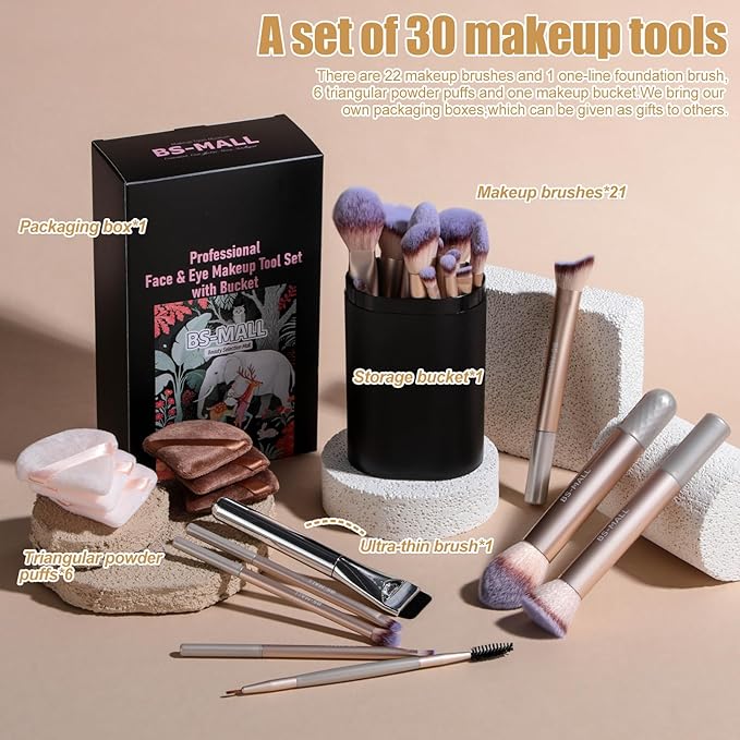 BS-MALL 21 Pcs Professional makeup brush set with foundation brush for liquid Makeup, eyeshadow Brush, concealer brush - Includes 6 Triangle Puffs & case for Even, Multi-purpose application (Golden)