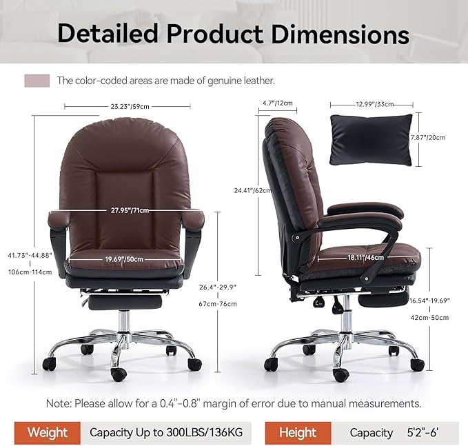 EMIAH Office Chair with Foot Rest Criss Cross Chair with Wheels Ergonomic Reclining Executive Office Chair Mid Back Genuine Leather Swivel Computer Chairs Lumbar Support for Home Office (Black)