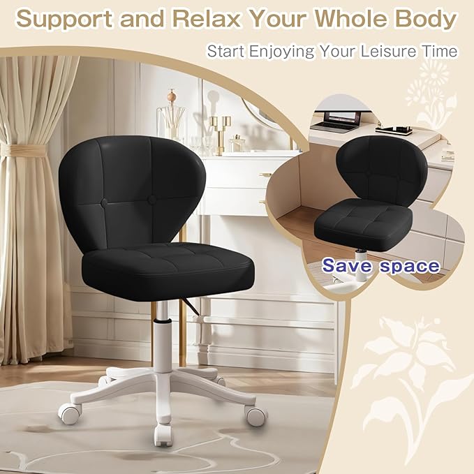 Vanity Chair with Back – Small Armless Office Chair with Wheels, Lumbar Support, PU Leather, Adjustable Height, 360° Swivel for Home, Bedroom, Office Black Set of 1