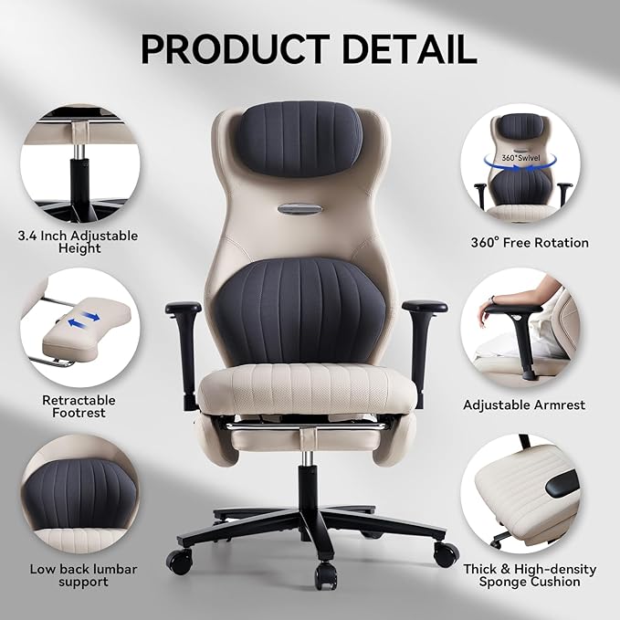 EMIAH Ergonomic Office Chair with Foot Rest Reclining Office Chair with Adjustable Arms and Headrest High Back Gaming Chair with Lumbar Support, PU Leather(Beige)