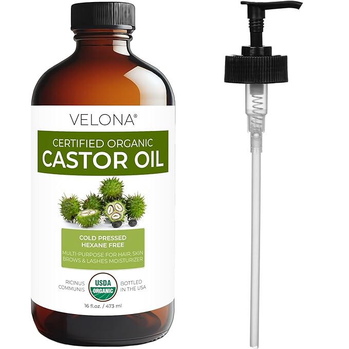 velona USDA Certified Organic Castor Oil – 16 fl oz in Glass Bottle | Cold-Pressed, Hexane-Free, USP Grade | Promotes Hair Growth, Eyelash & Eyebrow Enhancement | Bottled in USA