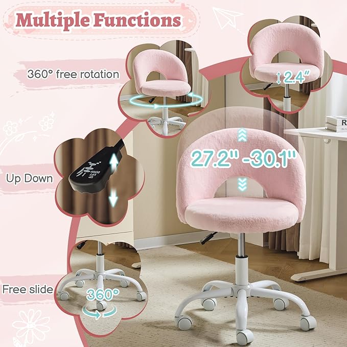 VINGLI Small Vanity Chair with Faux Fur Wheels for Girls,Cute Adjustable Height Armless Office Desk Chair,360°Swivel Comfy Rolling for Study,Make up Room,Small Space,Light Pink