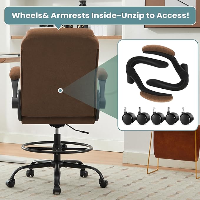 Drafting Chair for Standing Desk – Tall Office Chair with Adjustable Height & Foot Ring, Flip-Up Arms, Lumbar Support – Comfortable Fabric Seat, Ideal Home Desk Chair