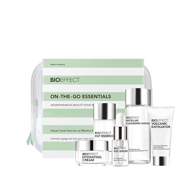 BIOEFFECT On-the-Go EGF Skincare Set | Age-Defying TRAVEL KIT with Growth Factor Serum, Hydrating Cream, Essence Toner, Micellar Cleanser & Volcanic Exfoliator