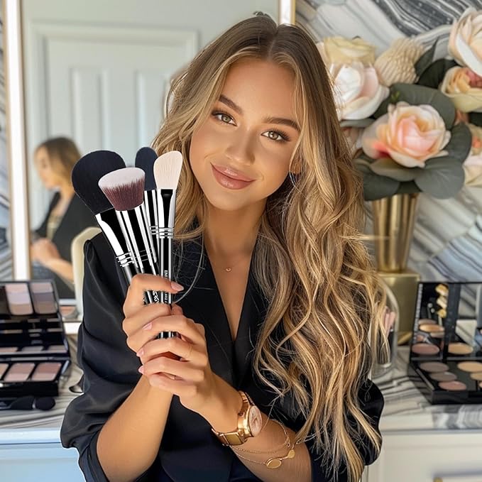 ENERGY Makeup Brush Set 4PCS Premium Synthetic Powder Foundation Blush Contour Bronzer Highlighter Makeup Brushes with Black PU Bag Professional Vegan Face Brushes