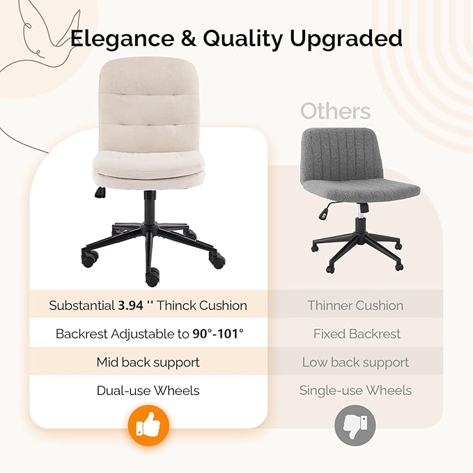 VINGLI Mid Back Armless Office Desk Chair with Wheels/no Wheels,360°Rocking Swivel Vanity Chair with Thickened Cushion,Adjustable Height Rolling for Reading Room, Make up,Linen Beige