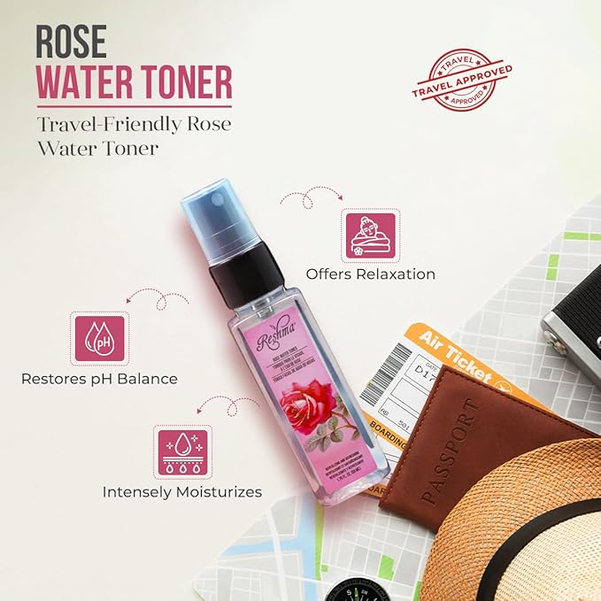 Reshma Beauty Travel Size Rose Water Toner Hydrating Mist for All Skin and Hair Types Plant-Based Facial Toner, No Dye Alcohol-Free, For Daily Use and Cruelty-Free, TSA Approved, 1.70 fl oz, Pack of 1