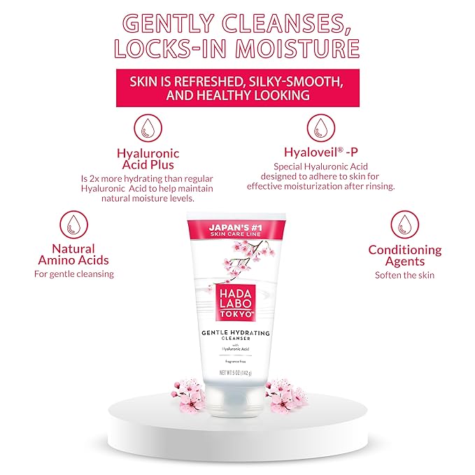 Hada Labo Tokyo Gentle Hydrating Foaming Facial Cleanser, Fragrance-Free Sensitive Skin Face Wash with Hyaluronic Acid and Conditioning Agents Soften Skin, Locks In Moisture, 5.0 Oz