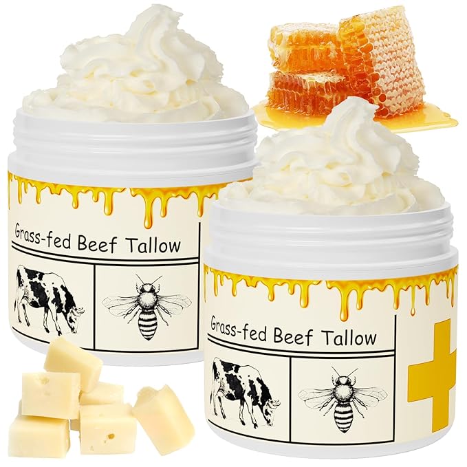 Beef Tallow for Skin, Beef Tallow, Tallow and Honey Cream, Grass Fed Beef Tallow, Whipped Beef Tallow for Face Moisturizer for All Purpose with Raw Honey Tallow Balm, 2 packs