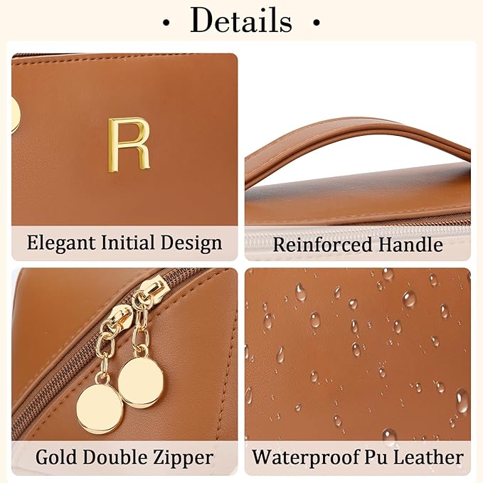 Birthday Gifts for Women Teen Girl, Personalized Initial Makeup Organizer Bag Set, Open Flat Travel Cosmetic Bag With Clear Divider and Handle(Brown,R)