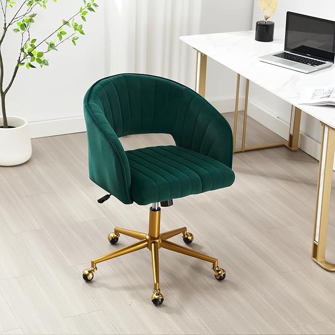Home Office Swivel Desk Chair, Modern Velvet Vanity Chair, Height Adjustable Armchair with Gold Base, Ergonomic Office Chair for Task Study Computer Room, Dark Green